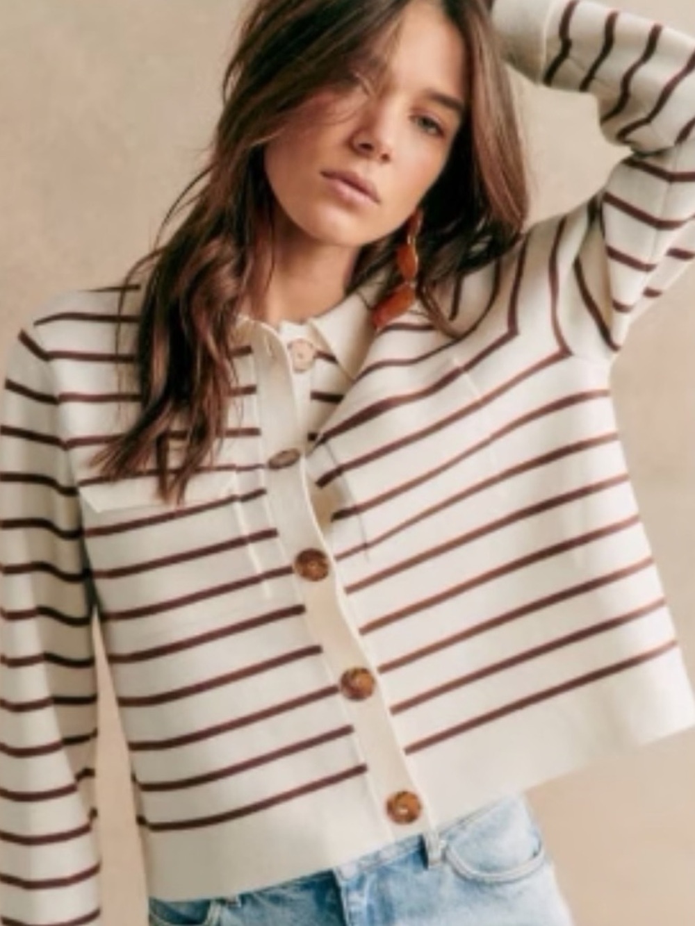 Sézane Betty Cardigan Ecru Camel Stripe 100% Merino Wool Collared Small